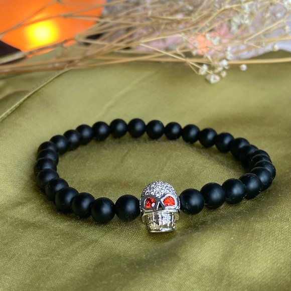 Matte Onyx Gemstone Bracelet With Silver Zircon Skull Charm - Picture 2 of 5